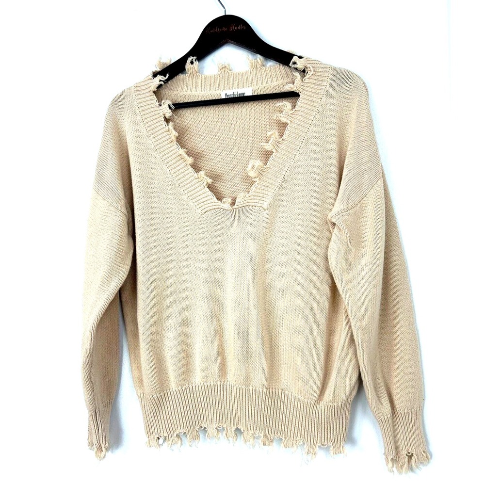 Peach Love California Women Sz L Ivory Cream Sweater Fringe Comfort Boho Chic H2